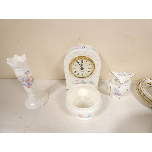 21 - Aynsley floral decorated mantle clock, a similar candlestick, and a owl etc. (4)