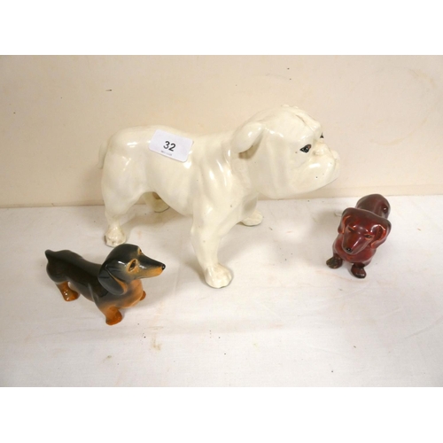 32 - Large bulldog figure and Sylvac dachshund and another (3)