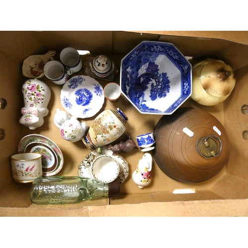 62 - Large box of household to include blue and white bowl, bed warmer, vase, cups etc.