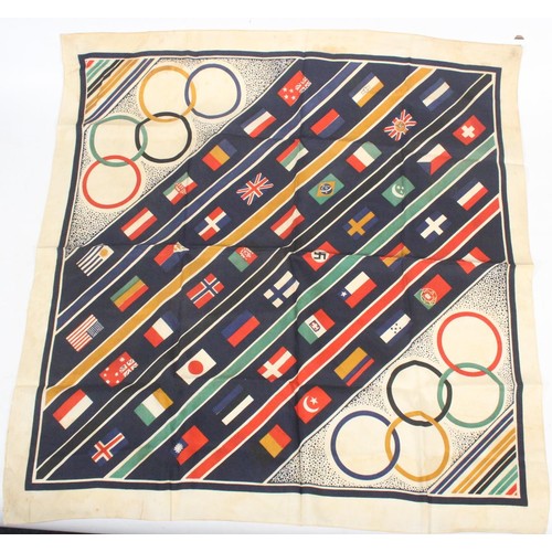 1887 - Germany Berlin Olympics 1936 silk scarf with central Nazi Swastika flag, label 'YELLER SEIDE REINENA... 