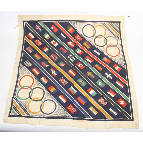 1887 - Germany Berlin Olympics 1936 silk scarf with central Nazi Swastika flag, label 'YELLER SEIDE REINENA... 