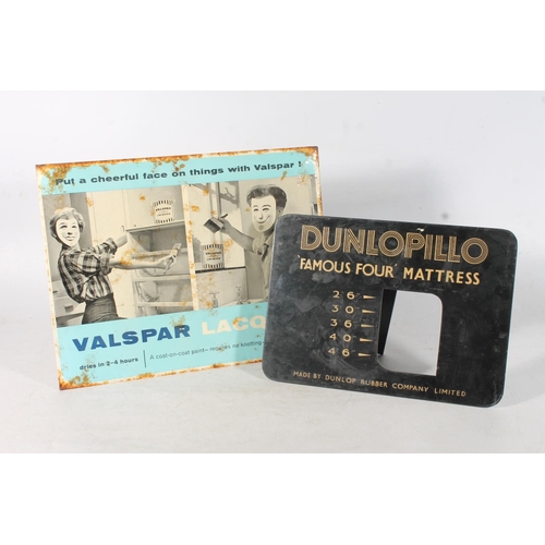 1464 - Vintage advertisement sign for Valspar Lacquer, 34cm x 44cm, and a Dunlop Rubber Company Limited Dun... 