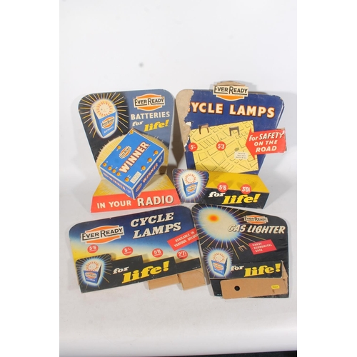 1465 - Four vintage shop counter cardboard advertisement signs for Ever Ready to include Gas Lighters, Cycl... 