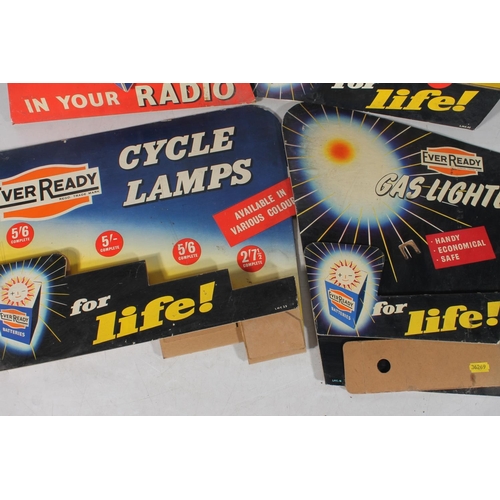 1465 - Four vintage shop counter cardboard advertisement signs for Ever Ready to include Gas Lighters, Cycl... 