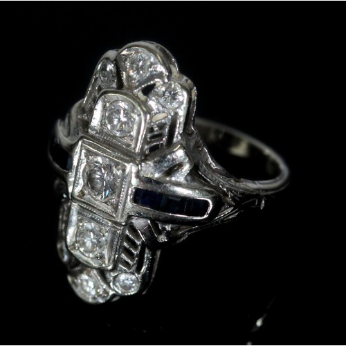 184 - Art Deco style 14ct white gold diamond and sapphire cocktail ring by Dreicer, set with nine round cu... 