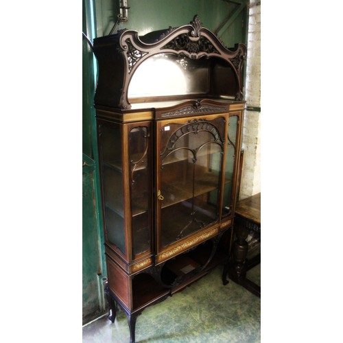 433 - Victorian mahogany and inlaid glazed display cabinet, the interior fitted with three shelves above c... 