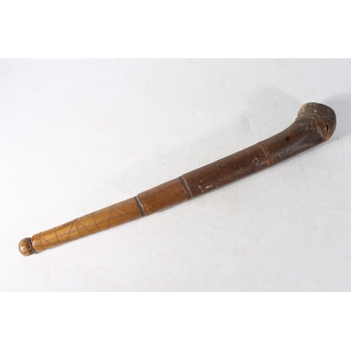 1890 - 19th century root wood shillelagh stick, the root head filled with metal and lashed, 67cm long.