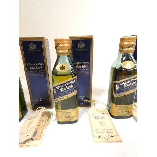 7 - Johnnie Walker Blue Label. Three boxed 5cl 40% ABV whisky miniatures nos. A28018, C18915, and C19706... 