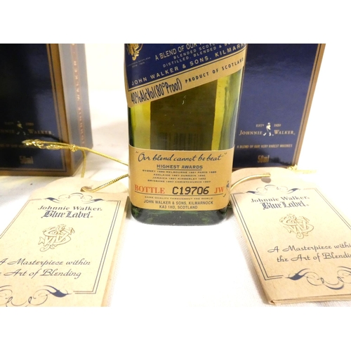 7 - Johnnie Walker Blue Label. Three boxed 5cl 40% ABV whisky miniatures nos. A28018, C18915, and C19706... 