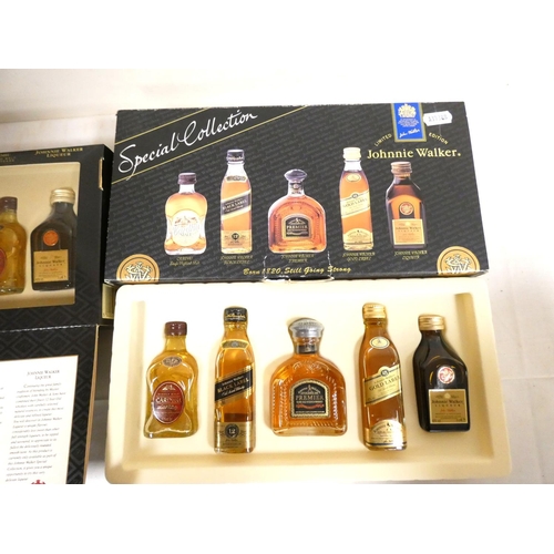 9 - Johnnie Walker. Two boxed 5cl 40% ABV whisky miniature selections to include gold label, premier and... 