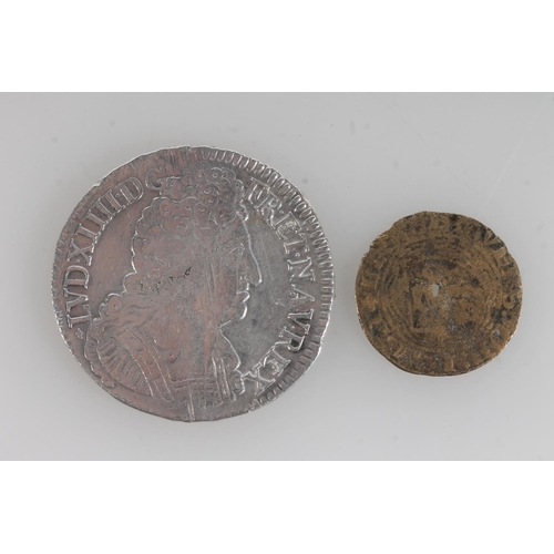 1706 - FRANCE King Louis XIV silver ecu 1712, 29.9g gross, 41mm diameter and an antique token. (2)