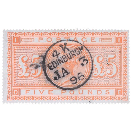 1502 - GREAT BRITAIN GB Queen Victoria QV five pound £5 orange stamp, plate 1, DE, CDS for Edinburgh Januar... 