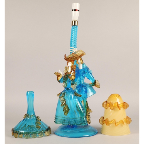 38 - Murano style coloured glass table lamp in the form of two carnival figures with two associated glass... 