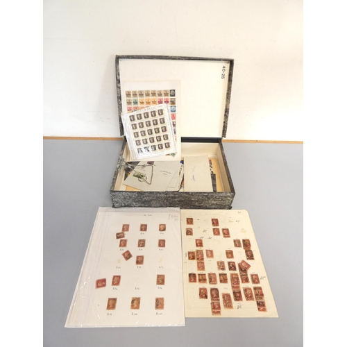 375 - Box containing stamp album sheets to include a collection of penny red postage stamps, issues from J... 