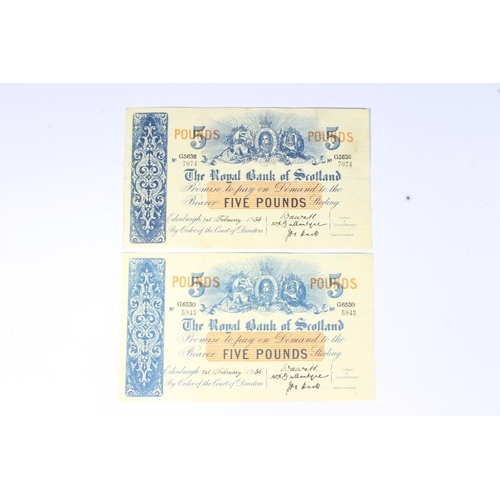 1545 - THE ROYAL BANK OF SCOTLAND, two £5 five pound banknotes, 1st February 1954, G6530/5943 and G56... 