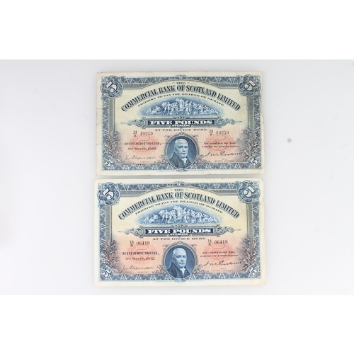 1552 - THE COMMERCIAL BANK OF SCOTLAND LIMITED, two £5 five pound banknotes, 3rd March 1942, 14/A 19259 and... 