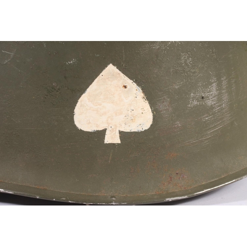 1895 - American WWII style steel helmet with painted decoration in the form of two white spades suggesting ... 