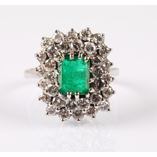 66 - Emerald Diamond cluster ring on white metal shank, ring size M