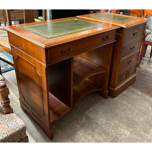 630 - Reproduction yew leather topped filing chest & desk, desk top measures 58cm x 78cm, 80cm h