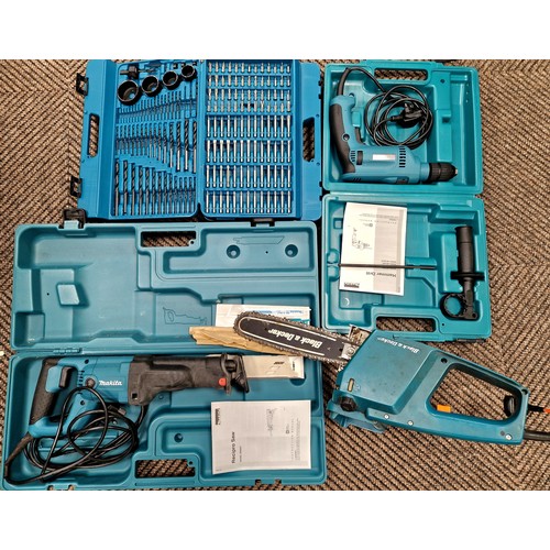 633 - Makita hammer drill, Makita drill bits, Makita Recipro Saw & Black & Decker chainsaw