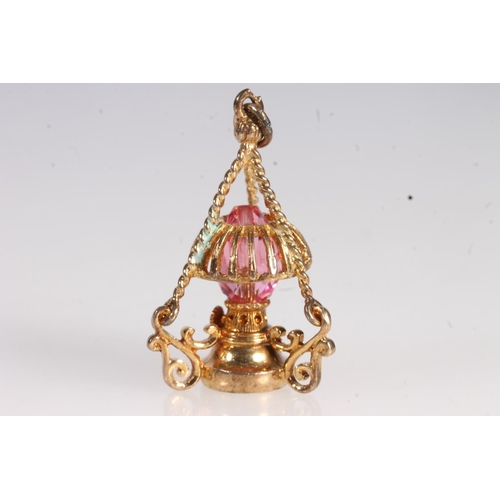 710 - 9ct gold pink stone set pendant in the form of a lantern, 4.9g.