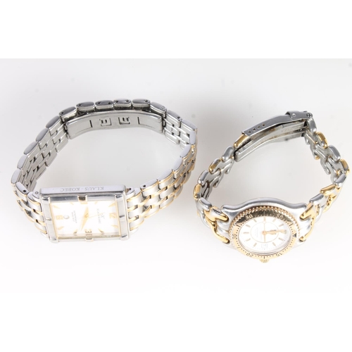 711 - Silver pink stone set ladies snap shut bangle, 41g, two dress watches and a hat pin.