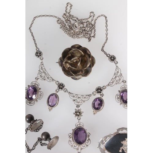 762 - Silver jewellery to include brooches, an Art Deco style ring, an amethyst necklace, a Dumfries &... 