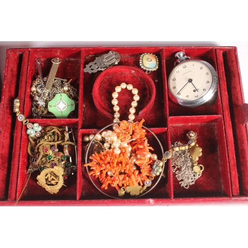 764 - Antique leather jewellery box containing costume jewellery to include necklaces, a pencil, a micro-m... 