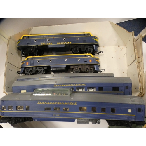 13 - Carton containing Meccano Transformer T6A, Tri-ang OO gauge Transcontinental Railways locos, coaches... 