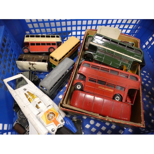 18 - Two cartons containing playworn diecast and other vehicles to include Dinky examples, buses, lorries... 