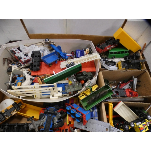 24 - Carton containing assorted playworn diecast and other vehicles, farm animals etc.