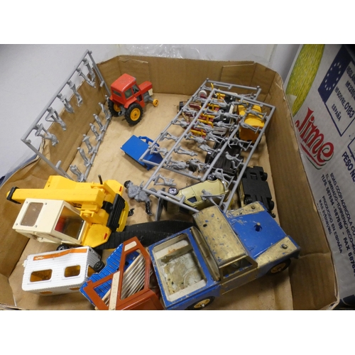 24 - Carton containing assorted playworn diecast and other vehicles, farm animals etc.