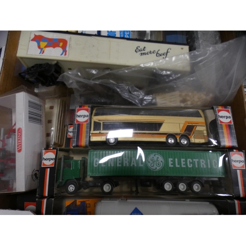 3 - Three cartons containing boxed Herpa vehicles, trucks and cars, also boxed N gauge coaches and wagon... 