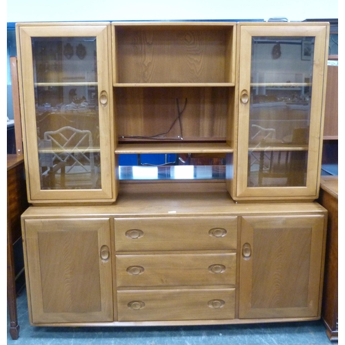 476 - Ercol blonde ash and elm dresser, the display top section with open shelving to the centre flanked b... 