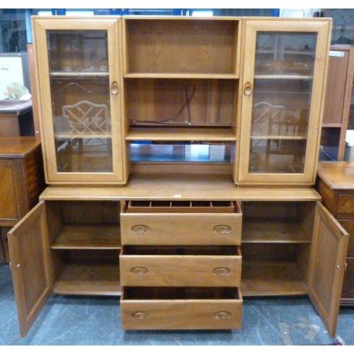 476 - Ercol blonde ash and elm dresser, the display top section with open shelving to the centre flanked b... 