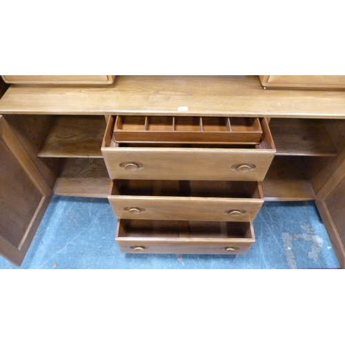 476 - Ercol blonde ash and elm dresser, the display top section with open shelving to the centre flanked b... 