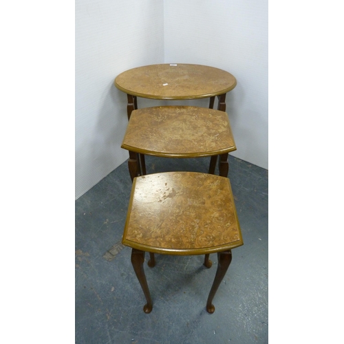 478 - Burr walnut veneered nest of three tables, 60cm long.