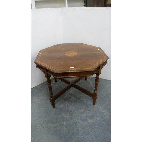 479 - Antique rosewood and satinwood strung inlaid octagonal centre table, on turned knopped supports unit... 