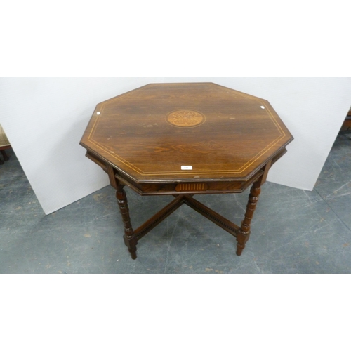 479 - Antique rosewood and satinwood strung inlaid octagonal centre table, on turned knopped supports unit... 