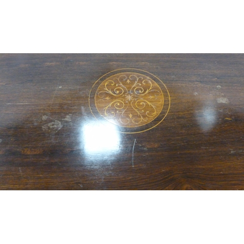 479 - Antique rosewood and satinwood strung inlaid octagonal centre table, on turned knopped supports unit... 