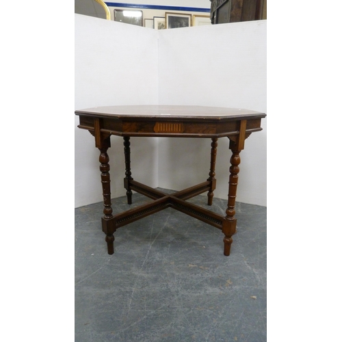 479 - Antique rosewood and satinwood strung inlaid octagonal centre table, on turned knopped supports unit... 