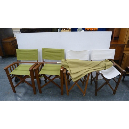 482 - Four teak-framed folding director's-style garden chairs and a matching garden umbrella.