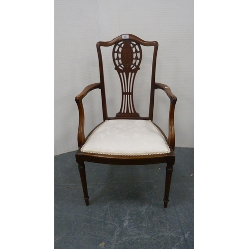 483 - Antique mahogany inlaid armchair with pierced splat back, on turned supports.