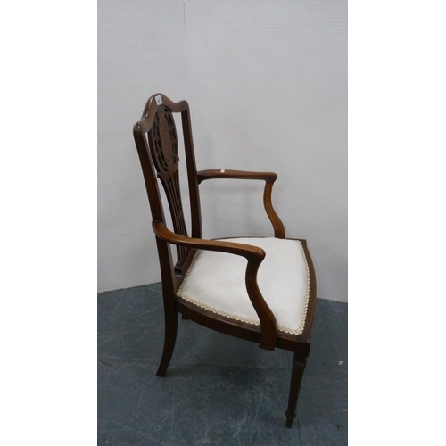 483 - Antique mahogany inlaid armchair with pierced splat back, on turned supports.