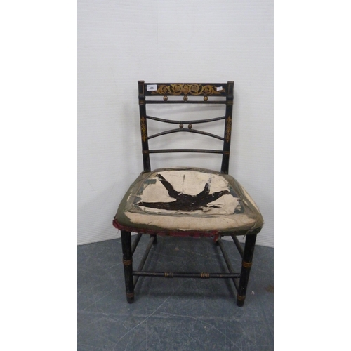 486 - Antique ebonised parlour chair with gilt-painted decoration, on turned supports.