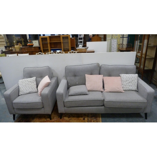 493 - Modern grey fabric upholstered lounge suite comprising two-seat sofa and matching armchair.