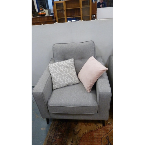 493 - Modern grey fabric upholstered lounge suite comprising two-seat sofa and matching armchair.