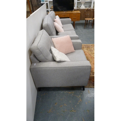 493 - Modern grey fabric upholstered lounge suite comprising two-seat sofa and matching armchair.