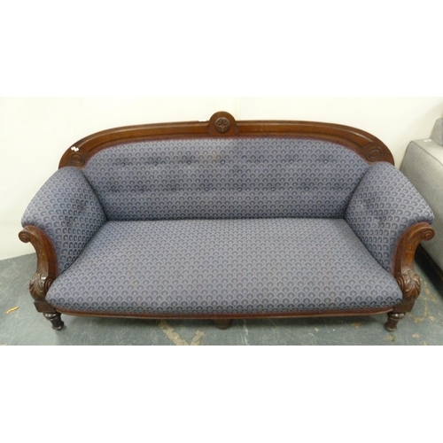 494 - Victorian mahogany-framed parlour sofa with scroll back and scroll arms, on turned and reeded suppor... 