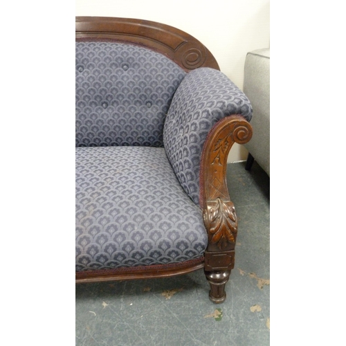 494 - Victorian mahogany-framed parlour sofa with scroll back and scroll arms, on turned and reeded suppor... 